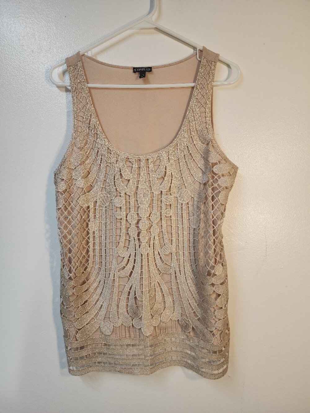Express Beige Crochet Tank Top Large Polyester Blend metallic thread Party